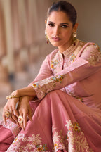 Dusty Pink Organza Embroidered A-Line Front Slit Dress With Croptop & Palazzo