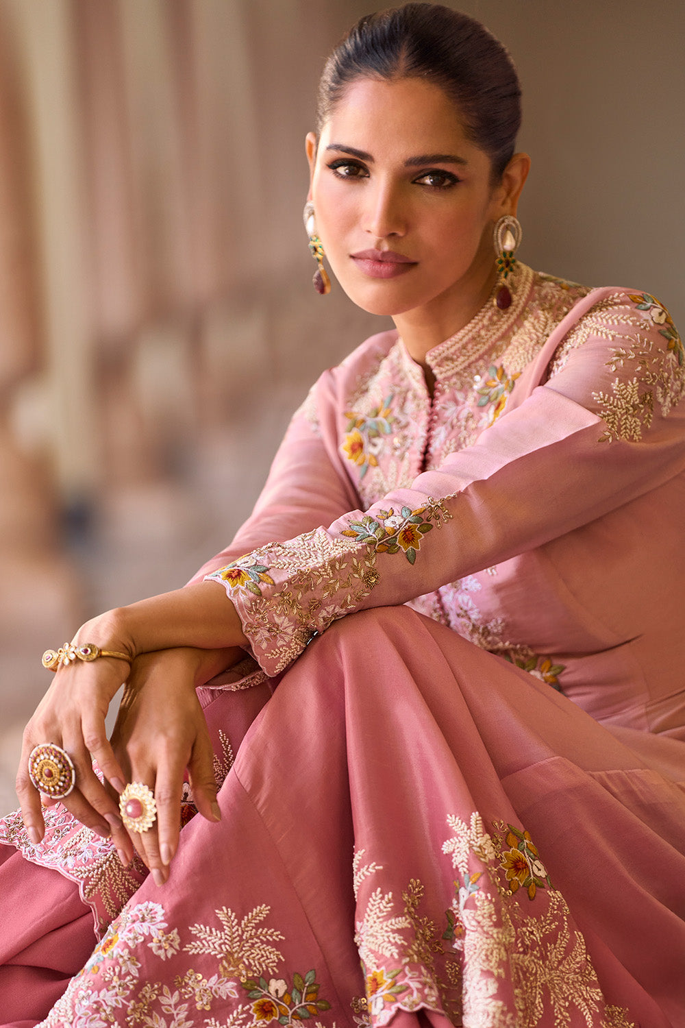 Dusty Pink Organza Embroidered A-Line Front Slit Dress With Croptop & Palazzo