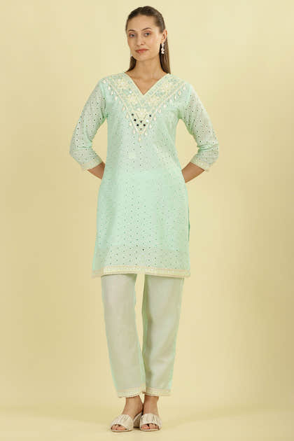 Mint Blue  Cotton Hacoba Style Neck-Embroidered Kurta Set