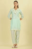 Mint Blue  Cotton Hacoba Style Neck-Embroidered Kurta Set