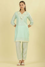 Mint Blue  Cotton Hacoba Style Neck-Embroidered Kurta Set