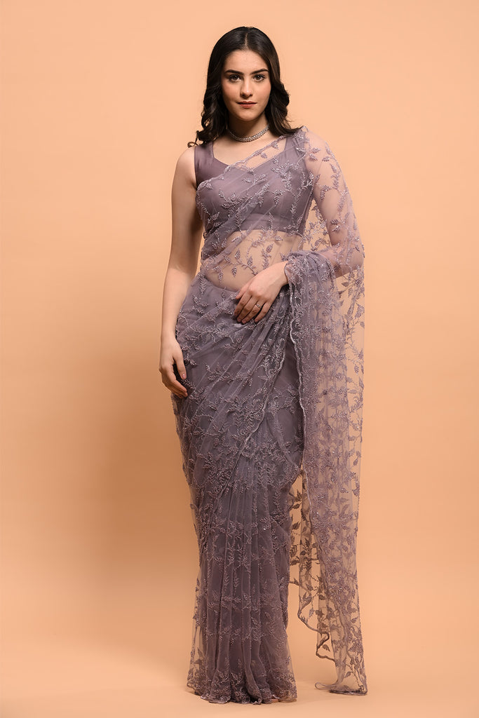 Light Mauve Color Net Cut-Dana And Zari Embroidered Saree