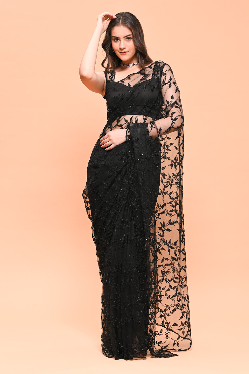 Black Color Net Cut-Dana Work Saree