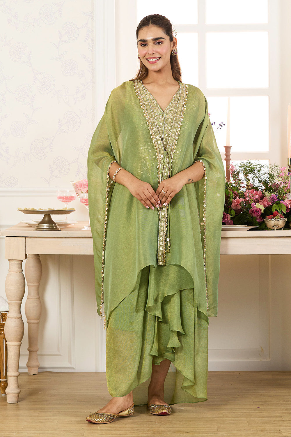 Green Shimmer Fabric Embroidered Cape Jacket with Crop Top & Dhoti Style Pant Co-ord Set