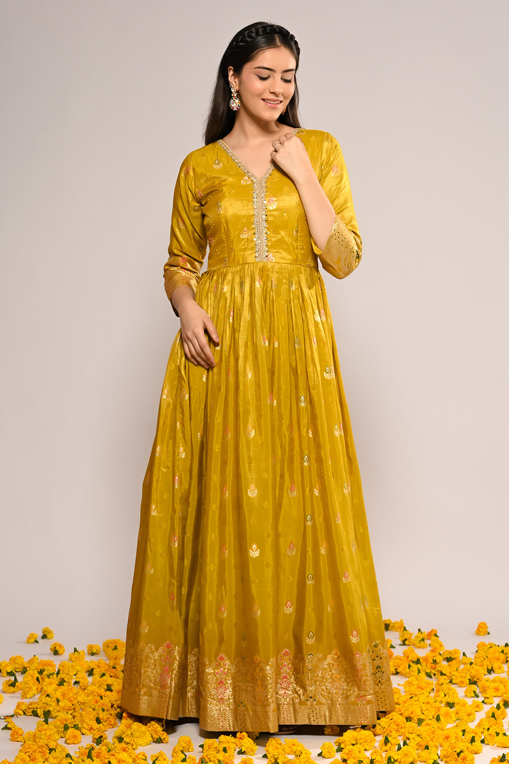 Mustard Color Mantellic Tissue Embroidered and Woven Anarkali Suit