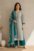 Grey And Teal Printed Chanderi Silk Suit