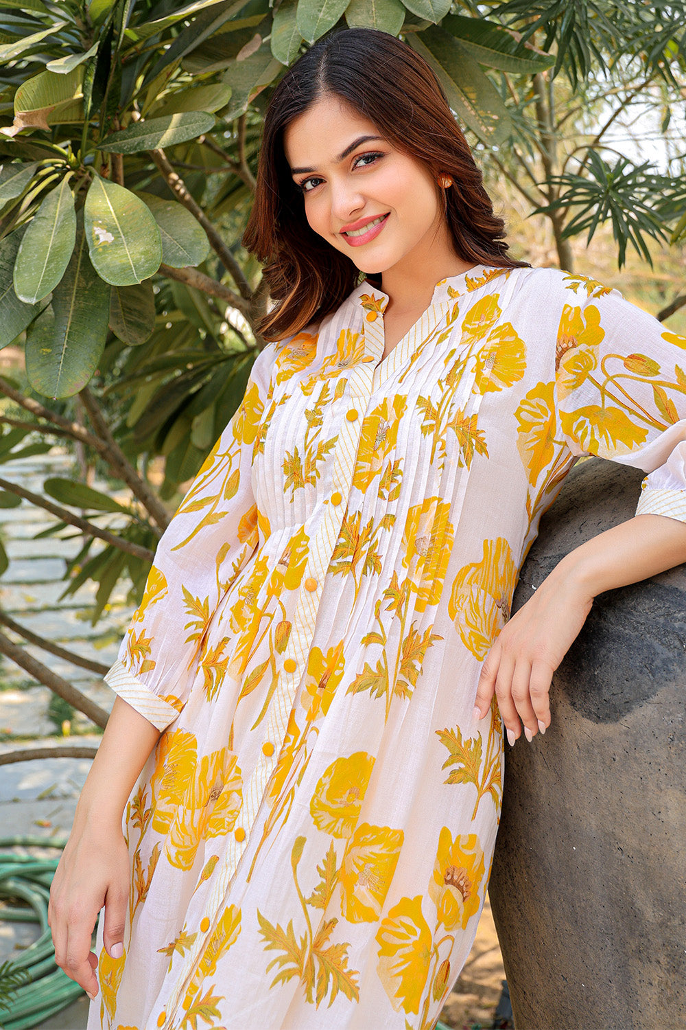 Cream & Yellow Cotton Floral Printed Kurta Set
