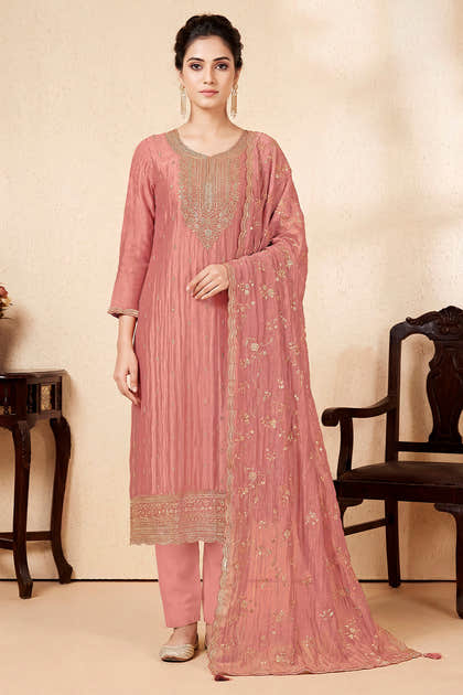 Dusty Peach Tissue Silk Embroidered Unstitched Suit Fabric