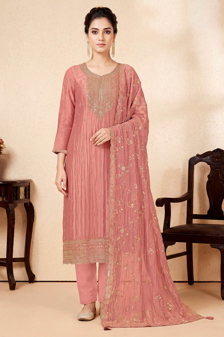 Dusty Peach Tissue Silk Embroidered Unstitched Suit Fabric