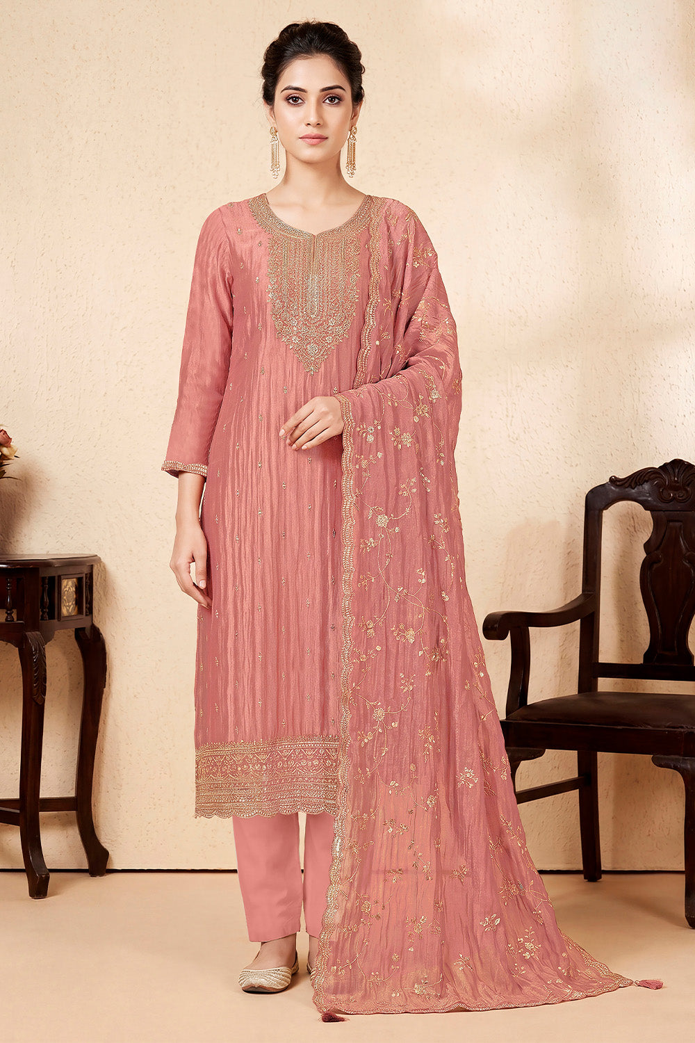 Dusty Peach Tissue Silk Embroidered Unstitched Suit Fabric