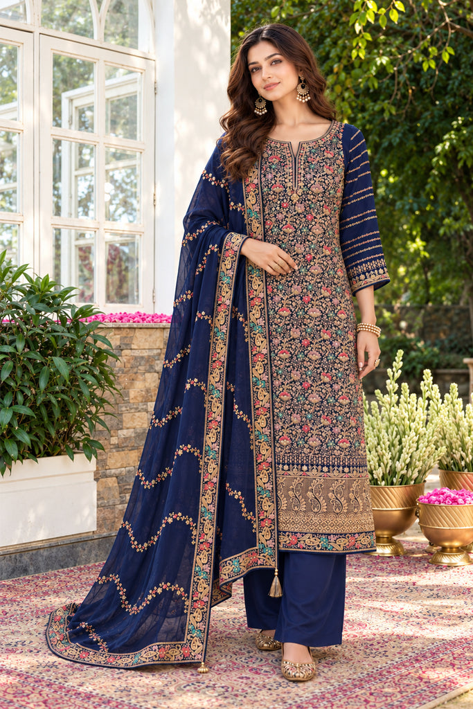 Navy Floral Embroidered Georgette Unstitched Suit Material