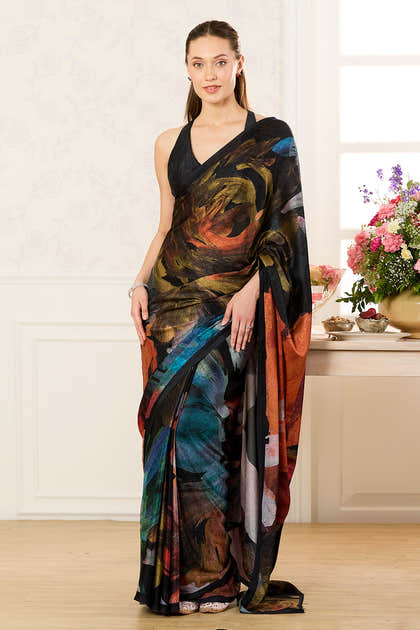 Black Abstract Printed Jacquard Silk Saree