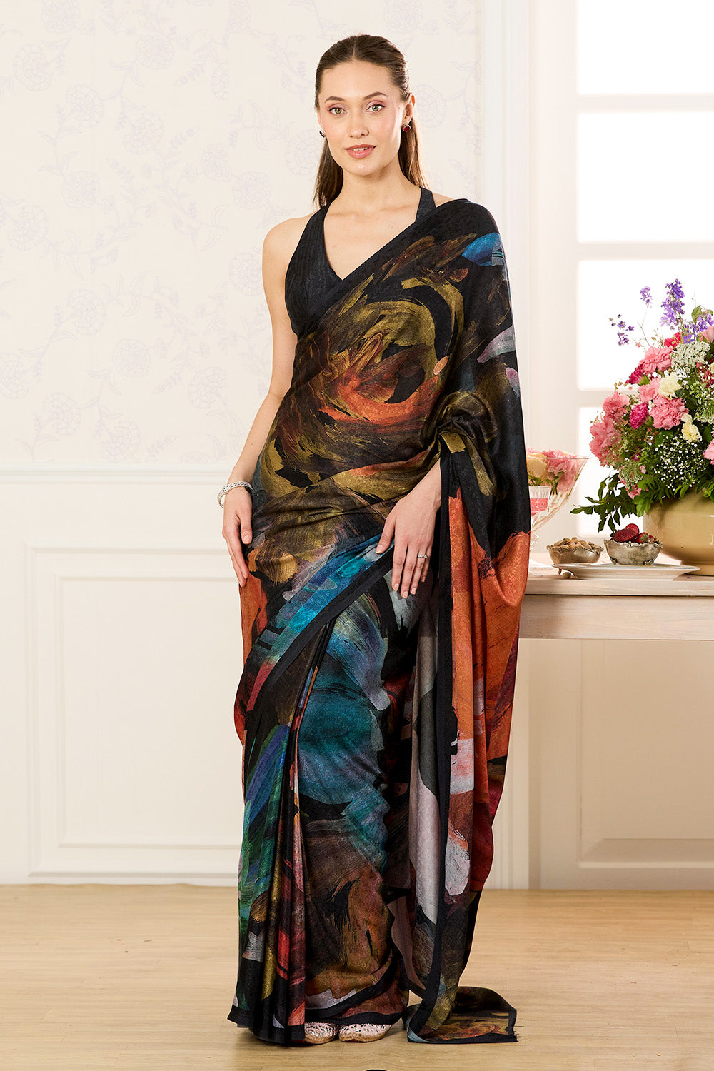 Black Abstract Printed Jacquard Silk Saree
