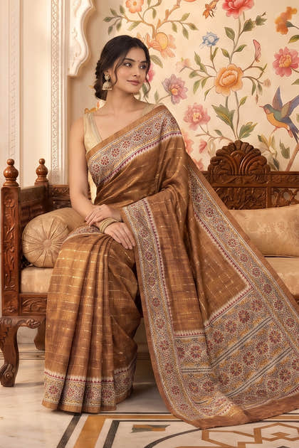 Brown Tussar Silk Printed And Zari Taar Woven Saree