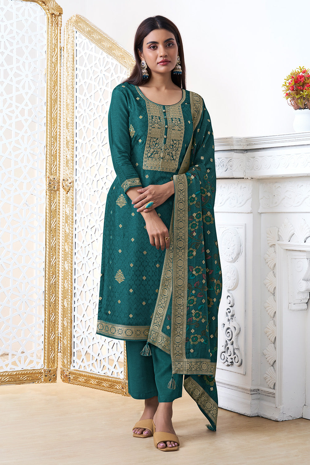 Teal Silk Zari Woven Suit Set