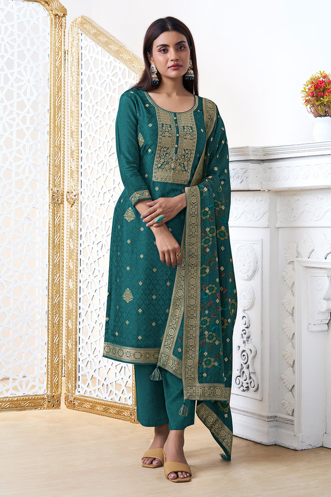 Teal Silk Zari Woven Suit Set