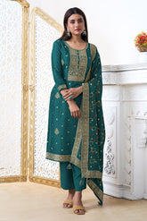 Teal Silk Zari Woven Suit Set