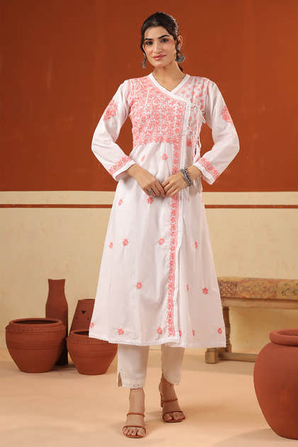 White & Light Pink Cotton Resham Embroidered Angrakha Style Kurta