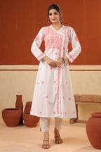 White & Light Pink Cotton Resham Embroidered Angrakha Style Kurta
