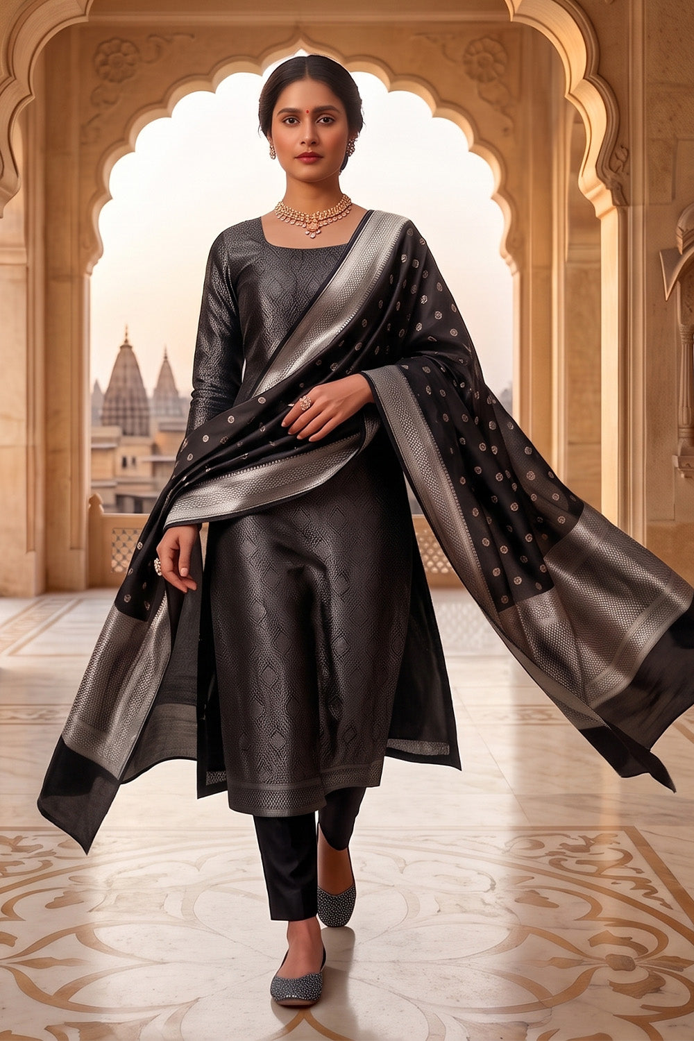 Black Banarsi Silk Woven Unstitched Suit Material