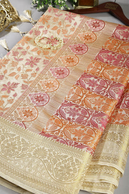 Pearl & Cream Color Tussar Woven Silk Saree