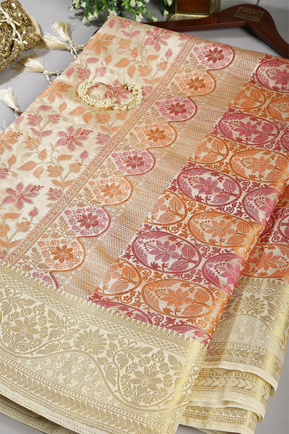 Pearl & Cream Color Tussar Woven Silk Saree