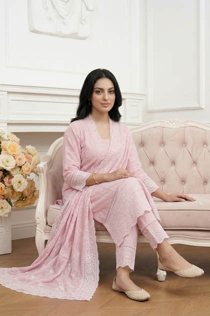Pink Mul Cotton Chikankari Work Suit Set