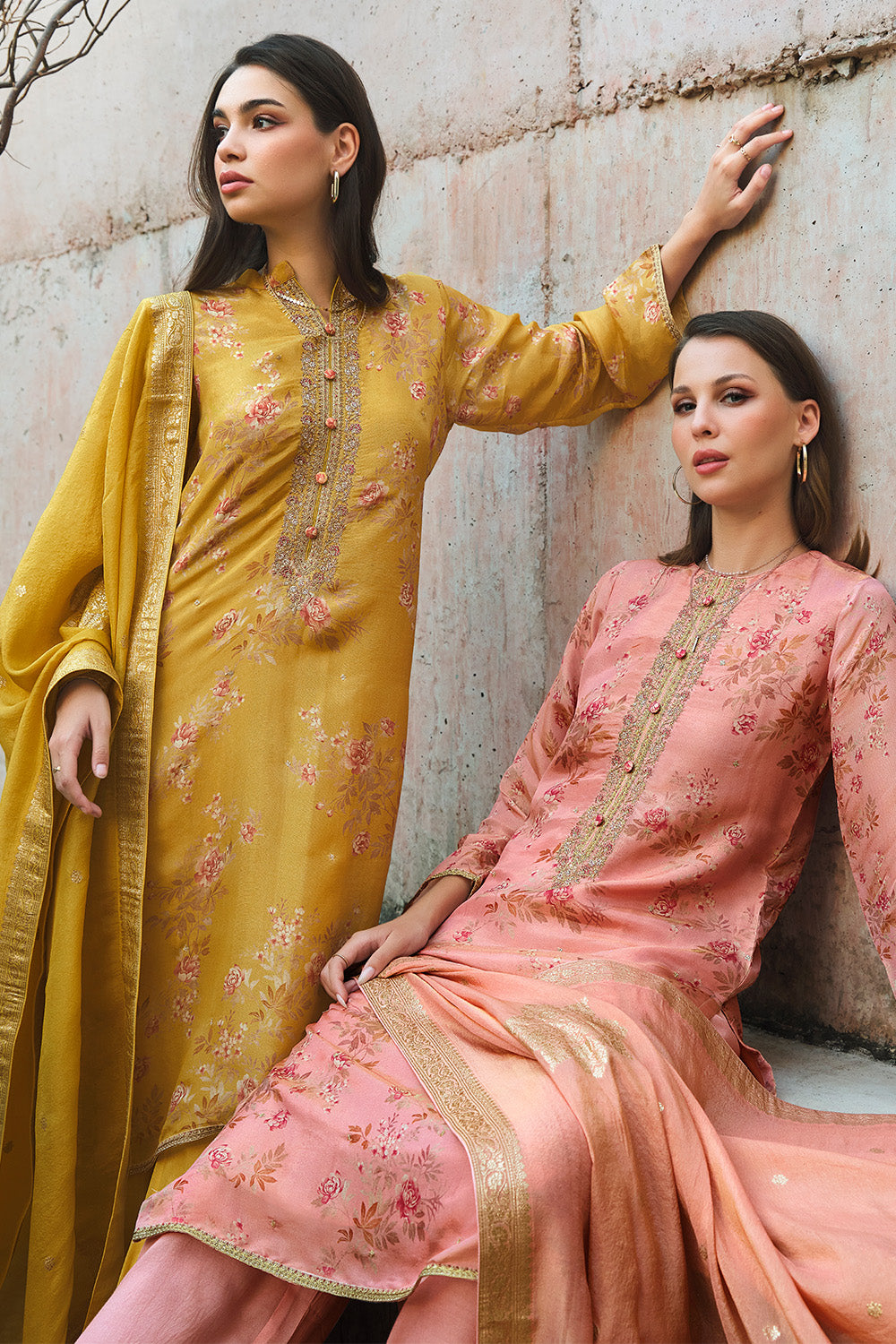 Mustard Color Floral Printed & Neck Embroidered Unstitched Suit Material