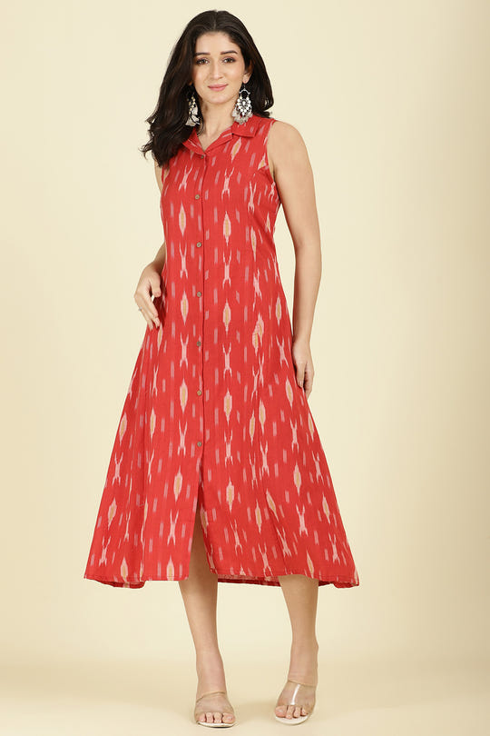 Red Cotton Printed Peonies Dress