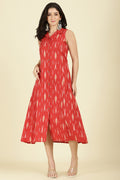 Red Cotton Ikat Printed Peonies Dress