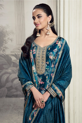 Blue Velvet Floral Printed And Embroidered Unstitched Suit Fabric