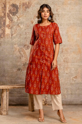Maroon Cotton Printed Kurta Set