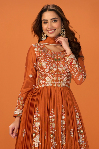 Rust Crepe Silk Embroidered Anarkali Suit With Skirt