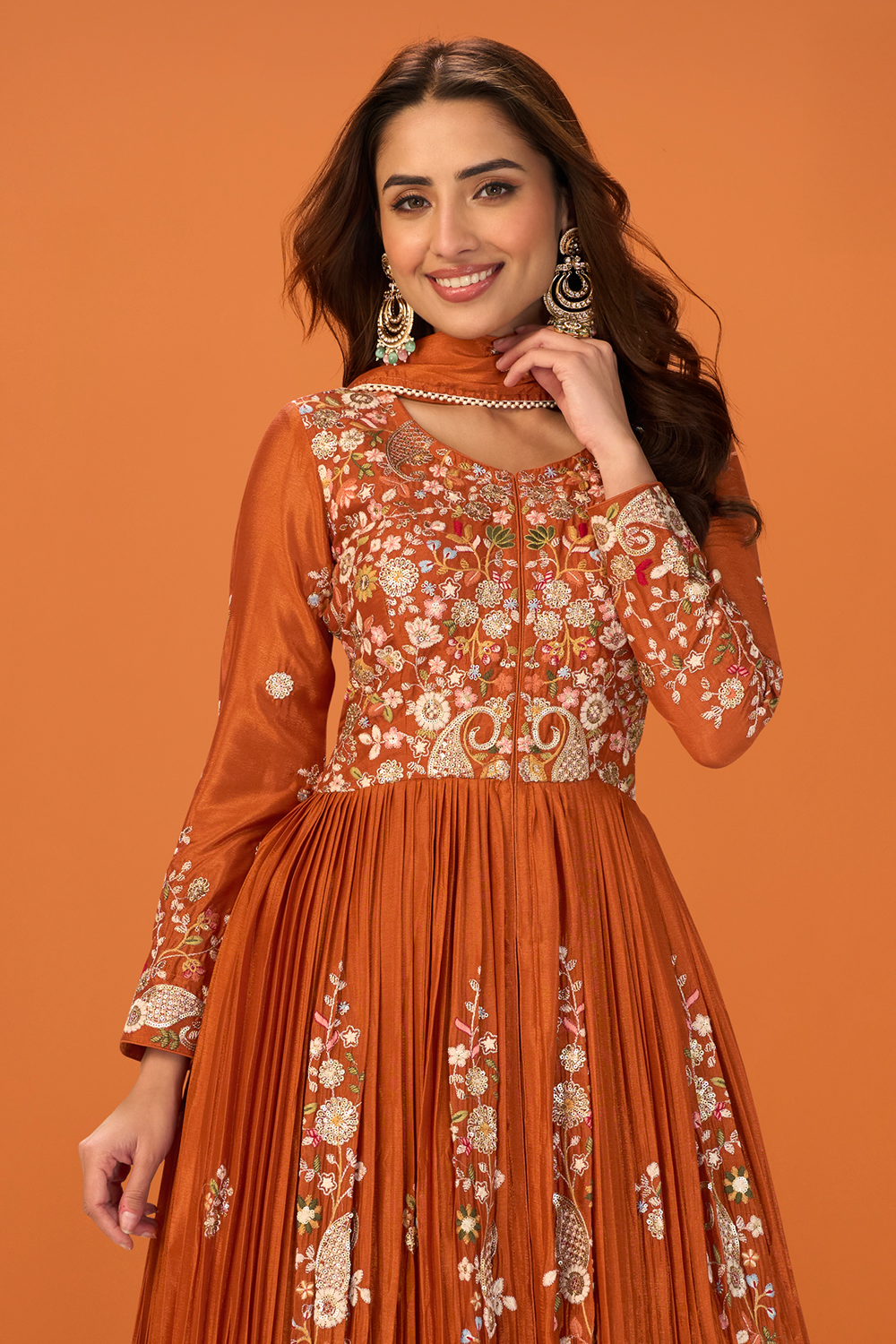 Rust Crepe Silk Embroidered Anarkali Suit With Skirt