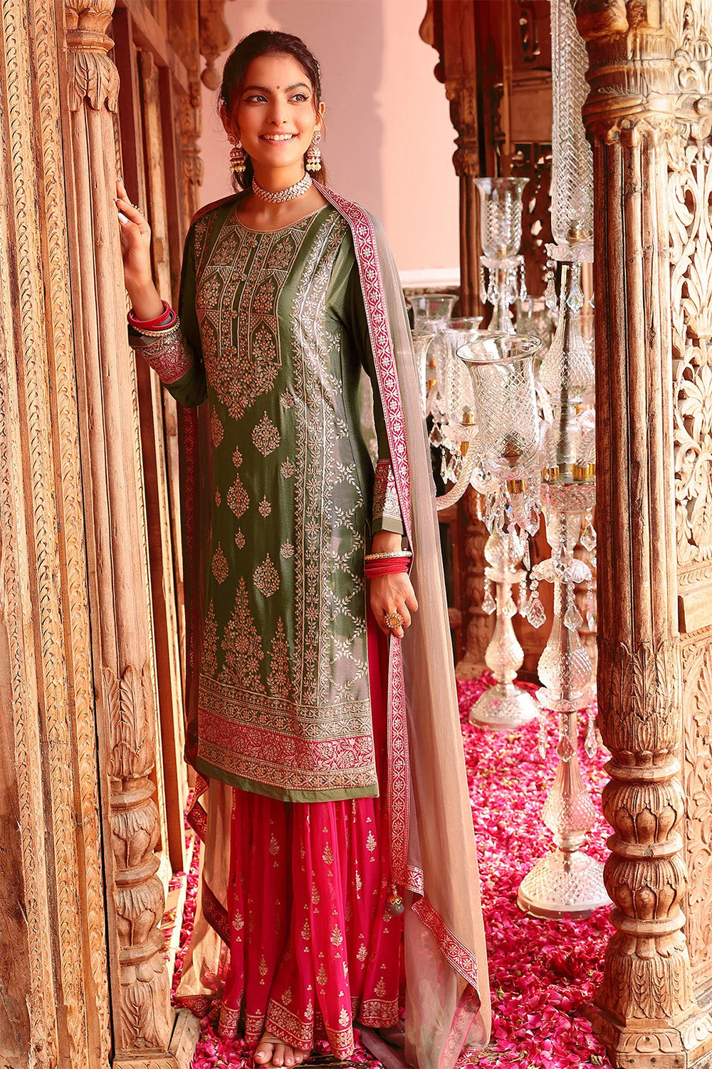 Olive Green Georgette Embroidered Suit with Gharara