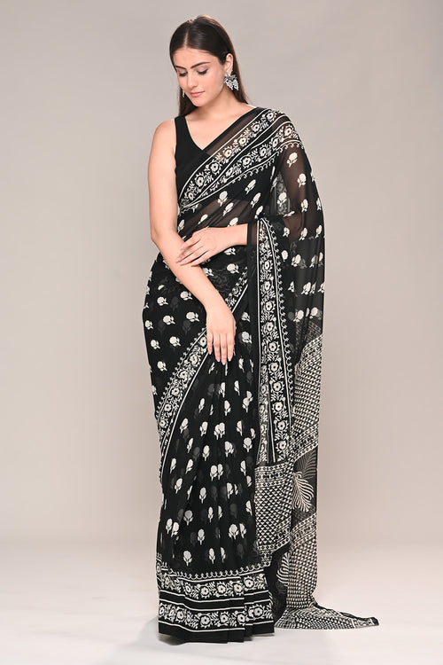 Black Color Printed Georgette Saree