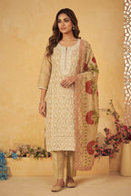 Beige Chanderi Resham And Sequins Embroidered Suit