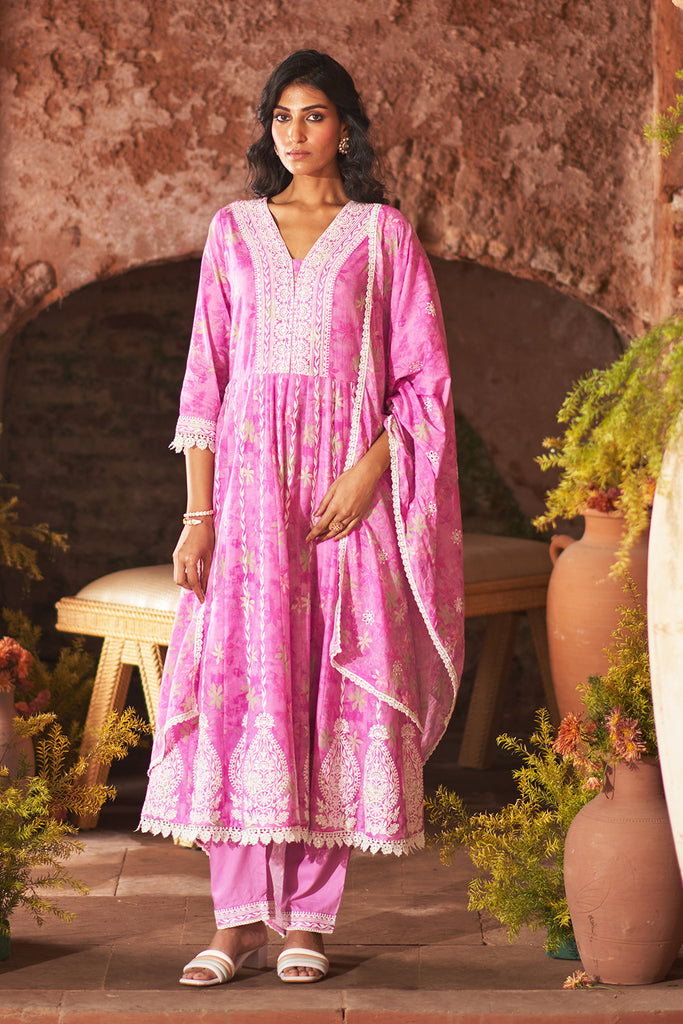 Cadillac Pink Color Cotton Floral Printed and Resham Embroidered AnarkalI Suit