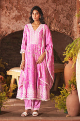 Cadillac Pink Color Cotton Floral Printed and Resham Embroidered AnarkalI Suit