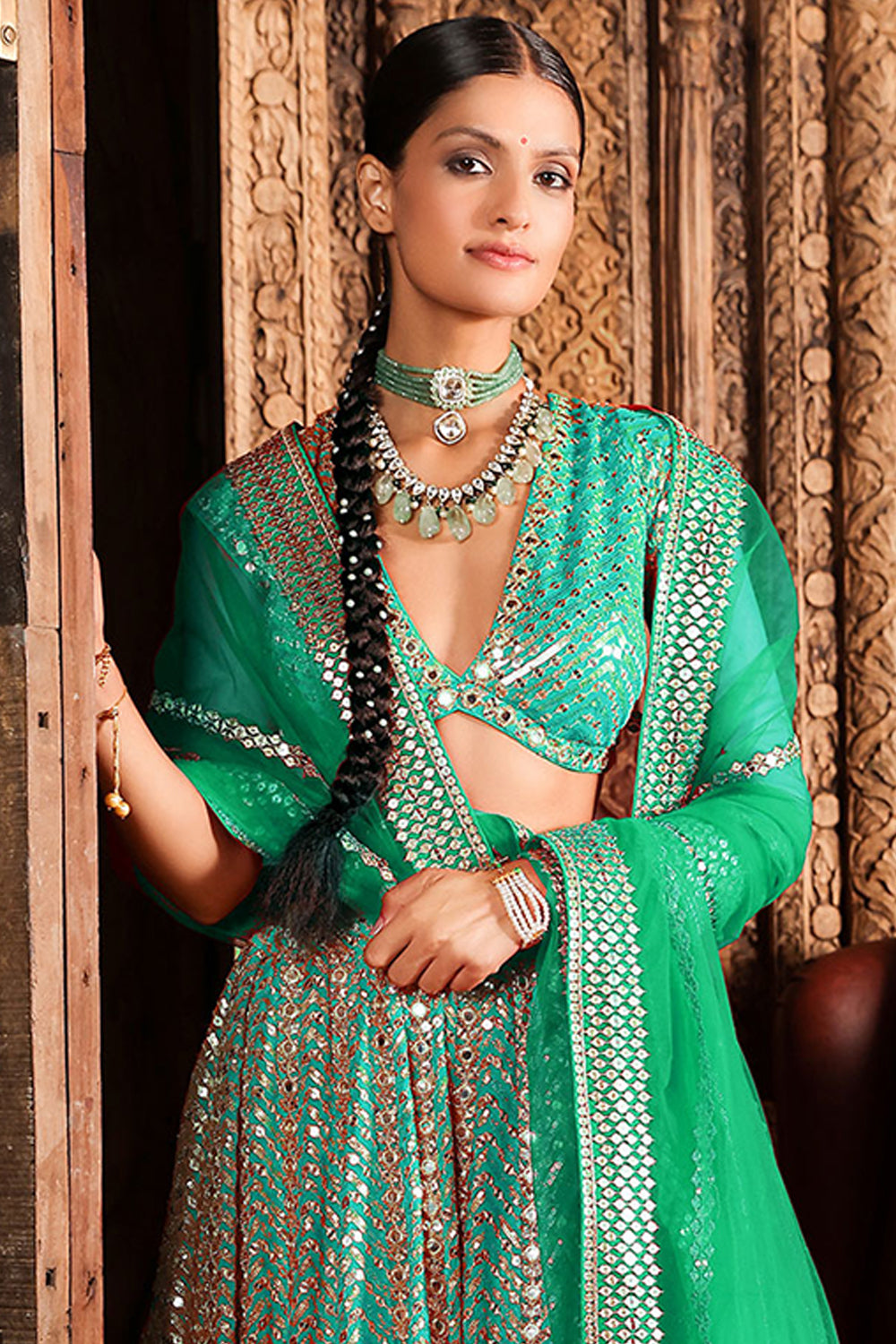 Turquoise colour Ombre Georgette Embroidered Lehenga.