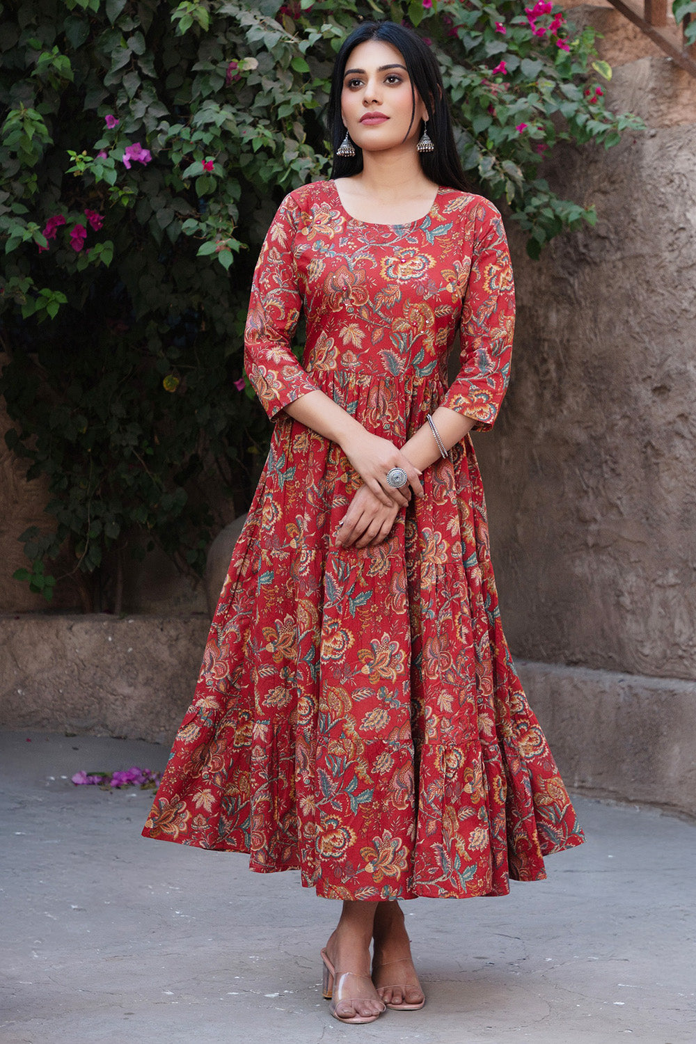 Maroon Cotton Floral Printed Anarkali Kurti