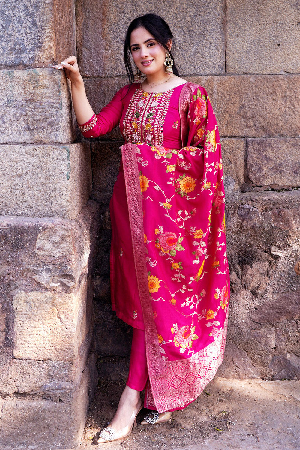 Fuchsia Pink Color Neck Embroidered Silk Straight Suit