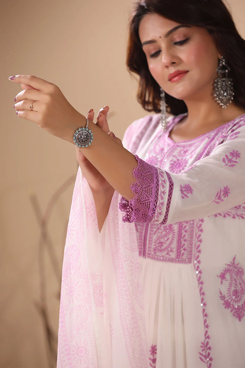 White Color Cotton Resham Embroidered Anarkali Suit