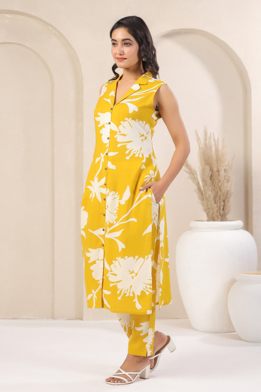 Mustard Color Cotton Floral Printed Long Co-ord Set
