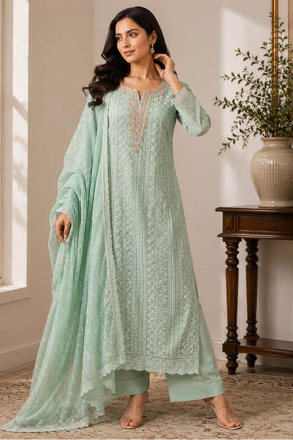 Mint Green Georgette Chikankari Work Unstiched Suit