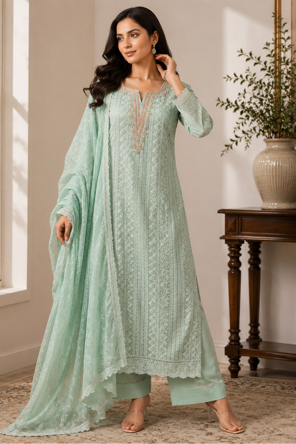 Mint Green Georgette Chikankari Work Unstiched Suit
