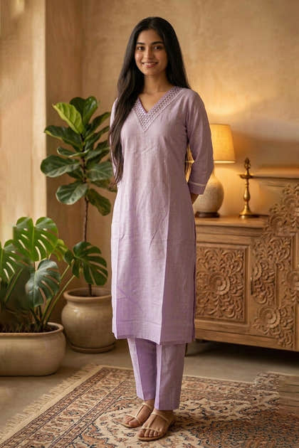 Lavendar Cotton Mirror Neck-Embroidered Kurta Set