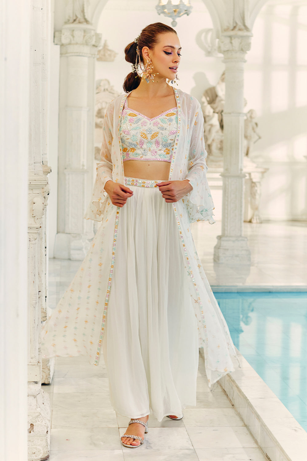 Cream Colour Georgette Embroidered Crop-Top Kurta and Palazzo Set With Shrugs