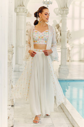 Cream Colour Georgette Embroidered Crop-Top Kurta and Palazzo Set With Shrugs