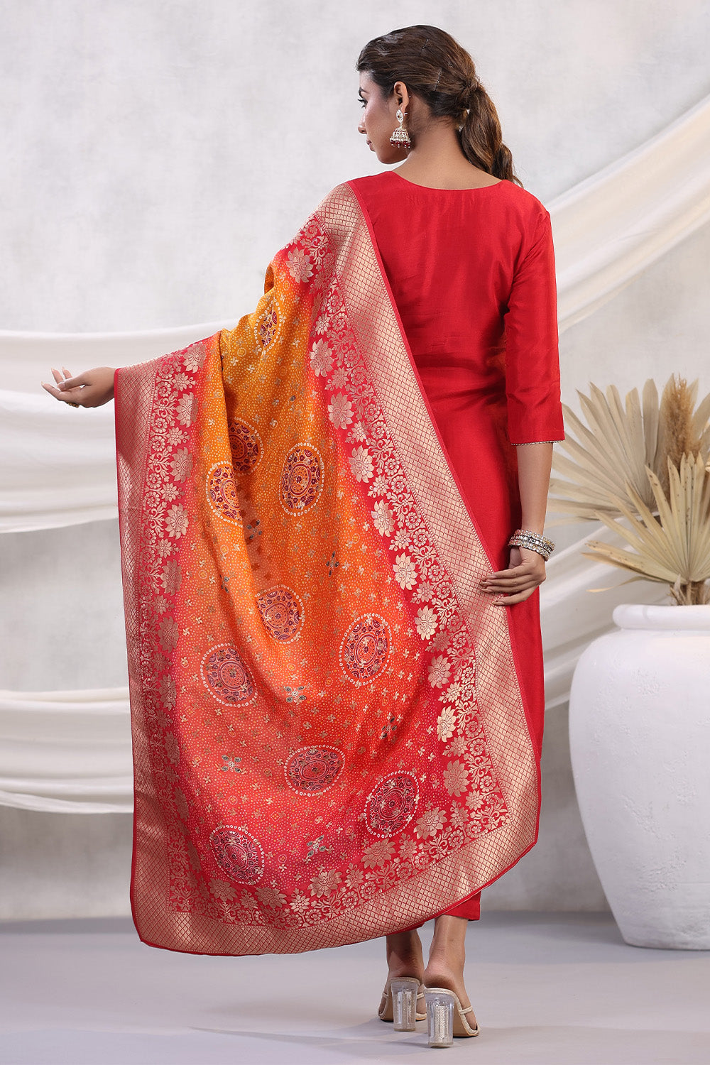 Red Color Chanderi Silk Embroidered Unstitched Suit Material With Bandhani Printed Duppata
